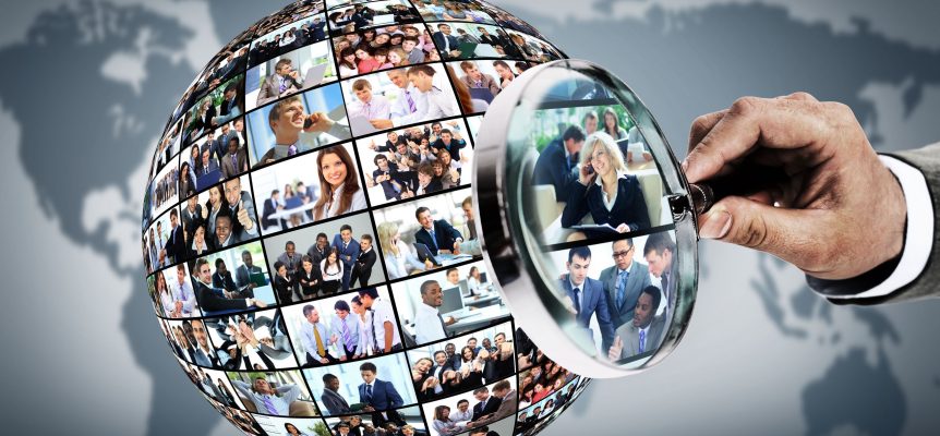 human resource concept, magnifying glass searching people